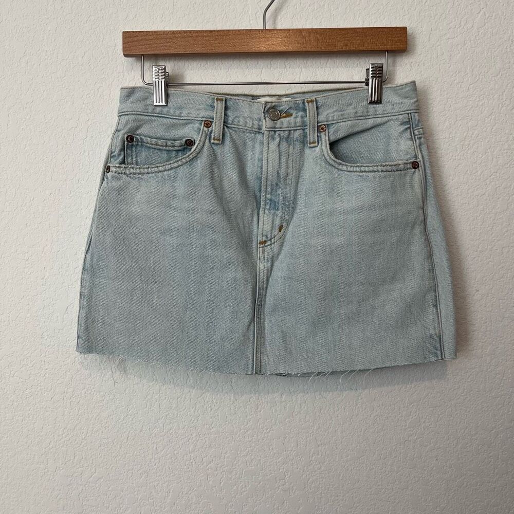 AGOLDE Light Wash Blue Denim Cut-Off Raw Hem Mini Jean Skirt Women's Size 26